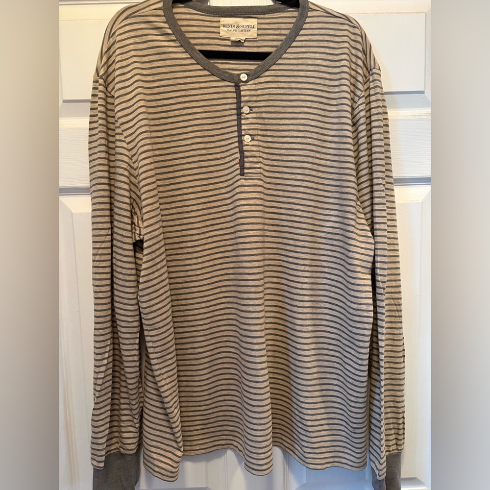 Ralph Lauren Tan and Black Striped Long Sleeve Henley